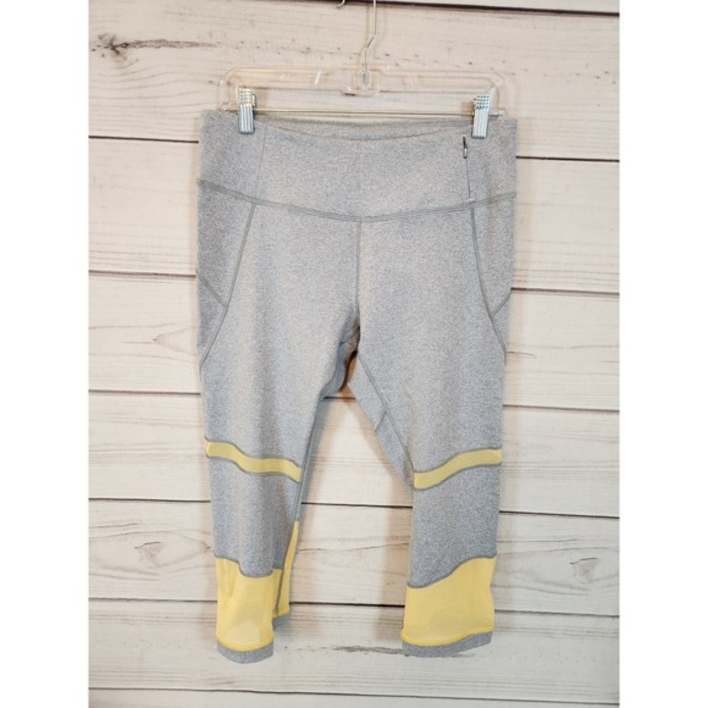 Calia Women's Gray Yellow Solid Stretch Mid Rise Cropped‎ Leggings Size Large